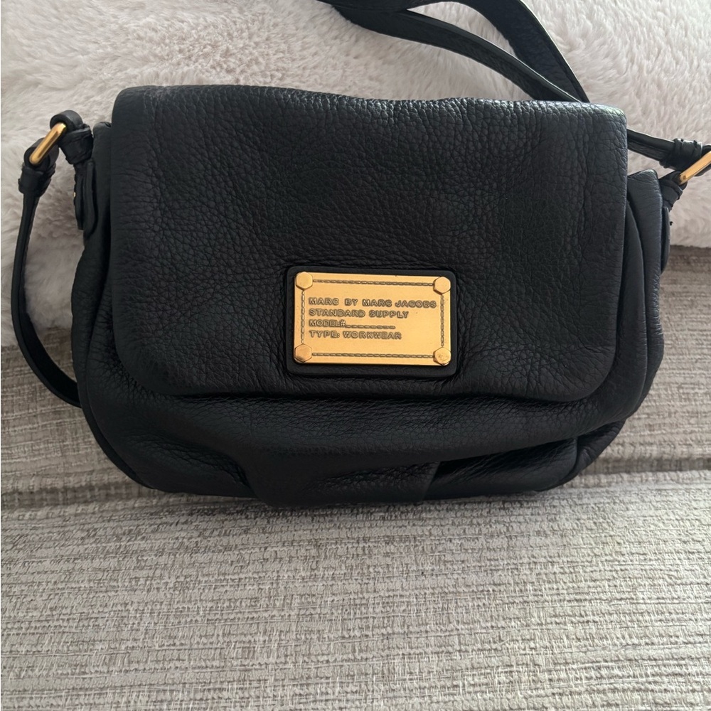 Marc by Marc Jacobs Black Pebbled Leather Crossbody with Gold Plaque